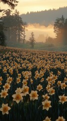 A serene field of blooming daffodils at sunrise, surrounded by misty trees and soft light