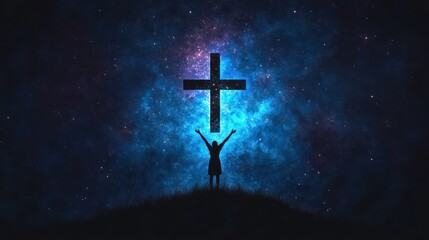 Nighttime Worship: Silhouette of Person with Raised Arms in Front of Christian Cross Symbol in Starry Sky