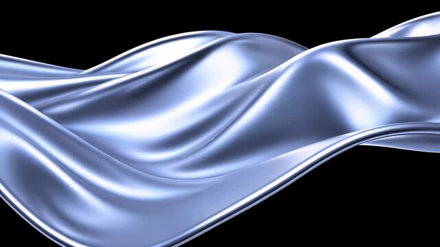 Silver silk fabric flowing in abstract waves on black background