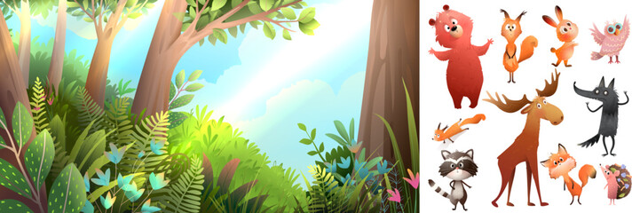 Woodland scenery and wild forest animals clipart collection. Cute bear wolf fox hedgehog with owl, and a turtle collection. Vector animals and wilderness background, kids story illustration collection
