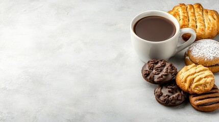 Coffee Break with Assorted Biscuits and Cookies on Textured Background