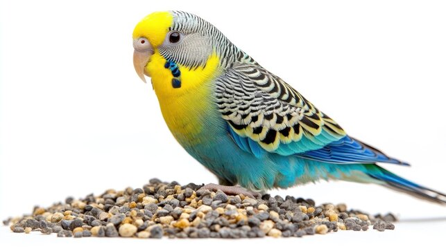 Colorful budgie perched on birdseed against white background.