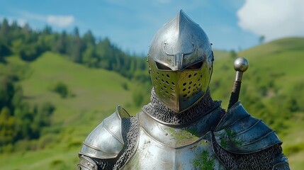 Close up view of a medieval soldier in full plate armor, positioned on a grassy hill. The armor exhibits intricate details such as rivets and
