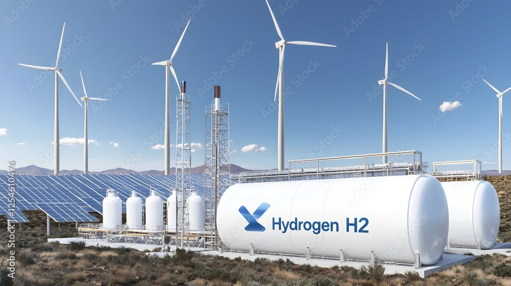 Poster large scale hydrogen production and storage facility with massive white gas tanks powered by rows of