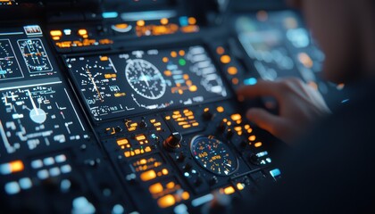 A close-up view of an aircraft cockpit dashboard, showcasing various controls, displays, and glowing indicators used for navigation.