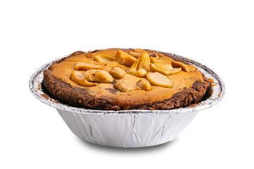 Side view of nut chocolate cake in foil baking cup isolated on white background with clipping path