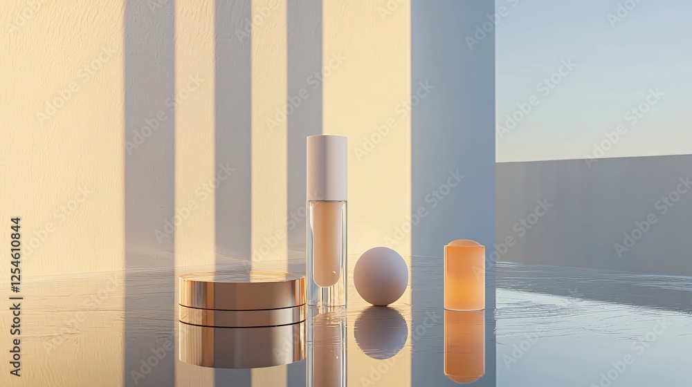 Poster minimalist cosmetic product display with soft light and elegant reflections in a modern setting