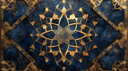 Fototapeta premium A dynamic background filled with Arabic calligraphy and geometric motifs, arranged in a repeating pattern, with a mix of deep blues and gold