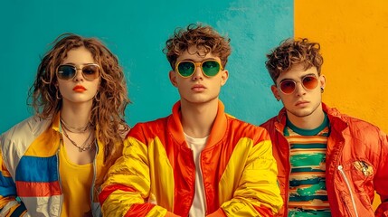 Vibrant and Stylish Retro 80s Windbreaker Fashion with Colorful and Energetic Urban Backdrop