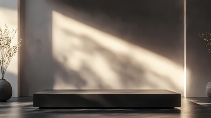 Minimalist interior design with sunlight and shadow creating a serene and modern ambiance
