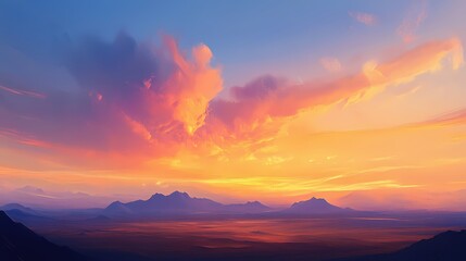 Obraz premium Dramatic sunset over distant mountains with vibrant orange and purple clouds in the sky