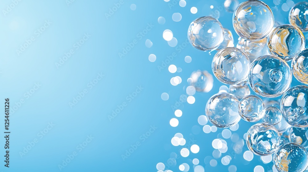 Poster floating transparent spheres on light blue background with bokeh effect and soft lighting