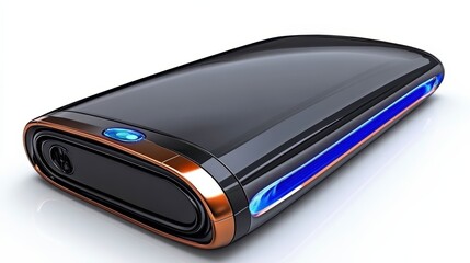 Modern portable hard drive, black and copper colored, sleek design with glowing blue accents, technological device, digital storage