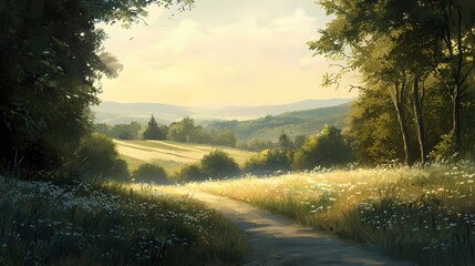 Obraz premium Serene Countryside Path Through Meadow with Wildflowers and Lush Trees in Golden Light