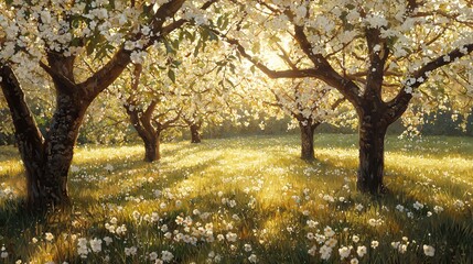Fototapeta premium Blossoming Orchard in Spring Sunlight a Serene Landscape of Flowering Trees and Meadow