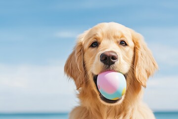golden retriever dog holds pastel colored ball in its mouth, enjoying sunny day outdoors. scene...