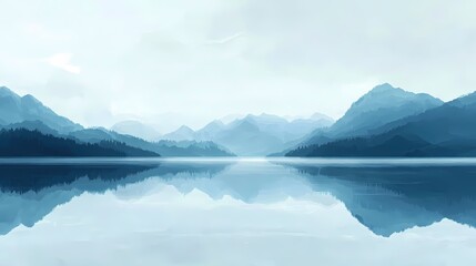 Obraz premium Serene Lake Reflection with Misty Mountains in Blue Palette Tranquil and Peaceful Scene