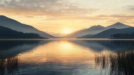 Fototapeta premium Serene Lake Reflection at Sunset with Distant Mountains and Golden Sky Creating Tranquil Scene