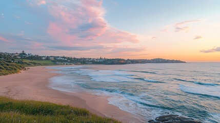 Serene coastal scene at sunrise with soft pastel colors illuminating the sky and ocean waves