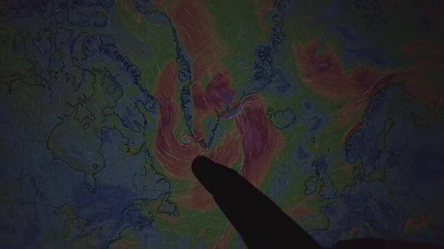 Animated weather map showing Atlantic wind patterns.  Camera is static, focusing on a detailed wind flow visualization.