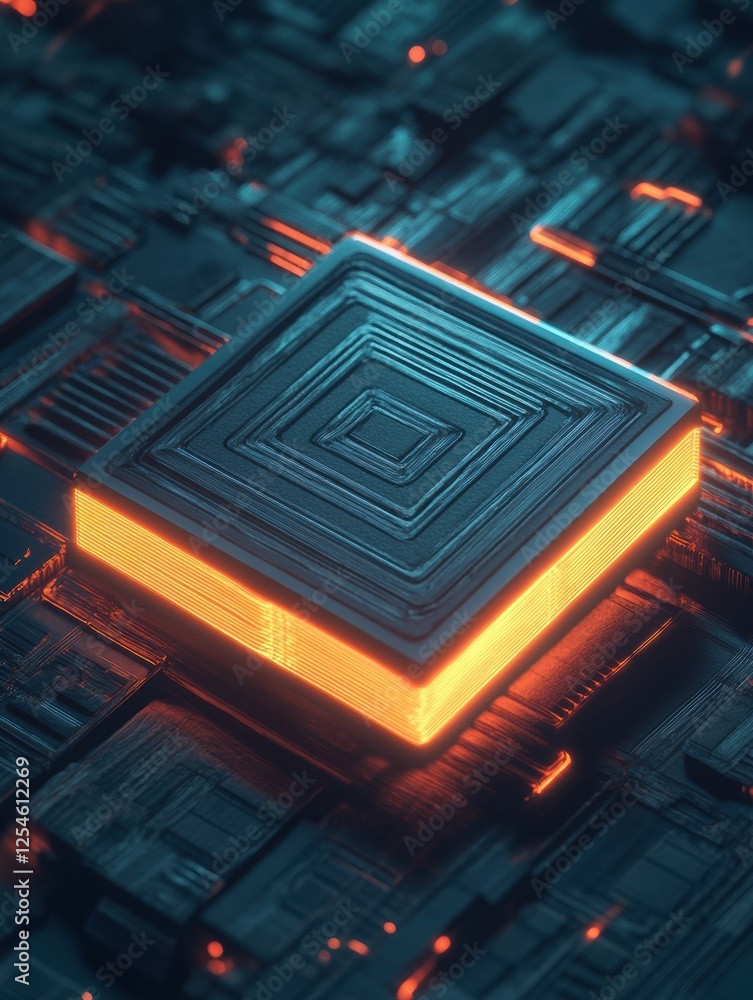 Poster striking microchip design with vibrant illumination in futuristic technology setting. generative ai