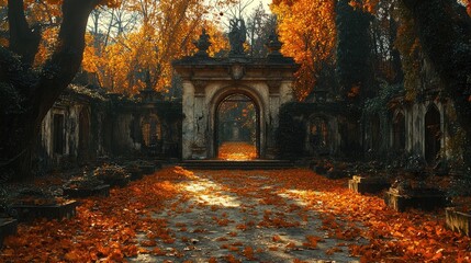 Serene autumn scene featuring a historic archway surrounded by vibrant orange leaves