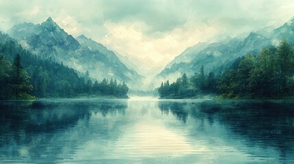 Misty Mountain Lake Landscape Painting