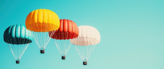 Obraz premium Four colorful parachutes float against a clear blue sky, showcasing vibrant hues and a sense of adventure.