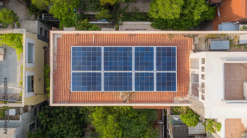 Poster aerial view of a densely populated indian city neighborhood showcasing a rooftop solar panel array