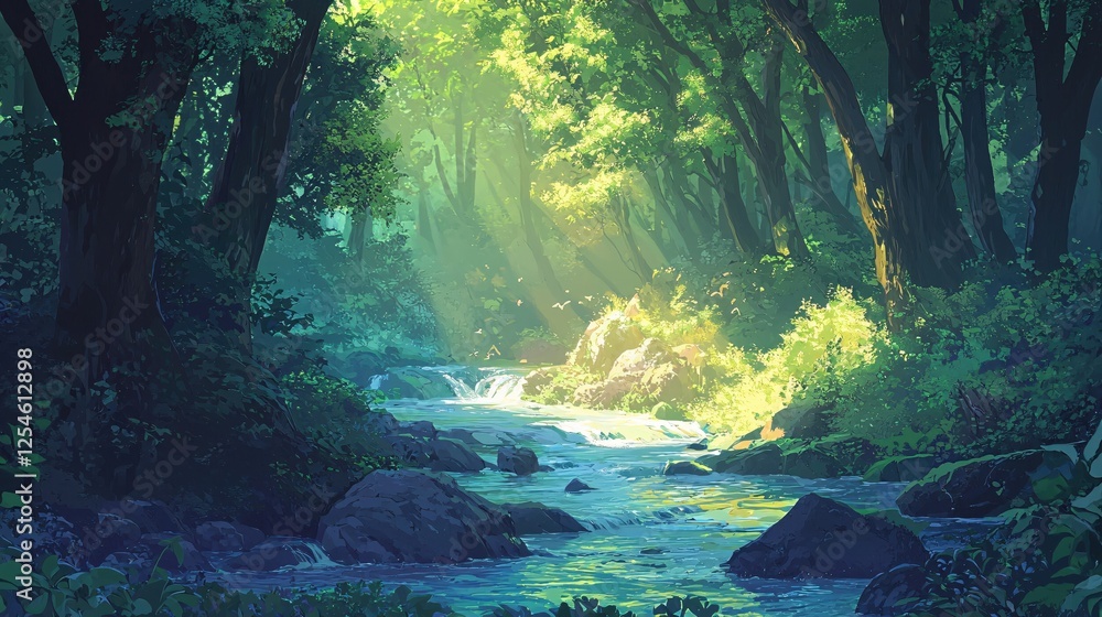 Aufkleber serene forest stream with sunlight filtering through trees creating a peaceful atmosphere