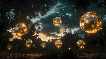 Enchanted Forest Night with Glowing Orbs Under Starry Sky Dreamy Landscape with Magic Light