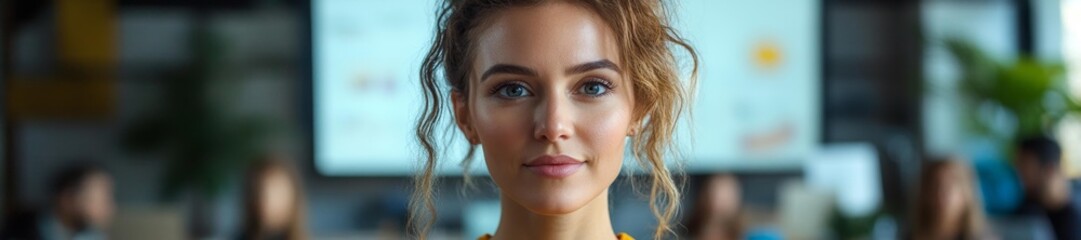 Obraz premium Focused Portrait of a Young Woman with a Calm Expression in a Bright Office. Generative AI