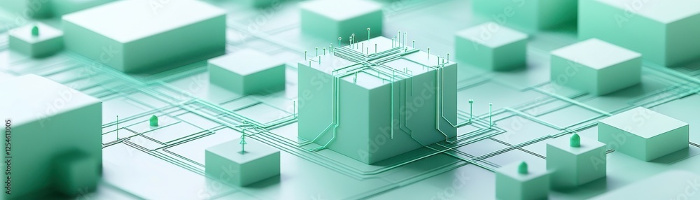 Poster a close-up view of a green, abstract circuit board design featuring geometric shapes and intricate l