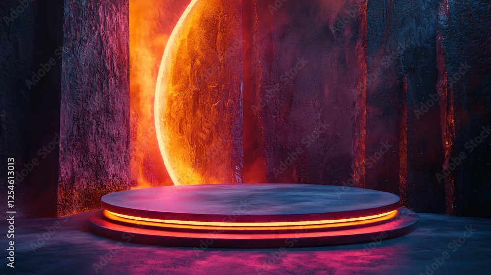 Poster abstract futuristic stage with glowing neon lights and textured background for product display