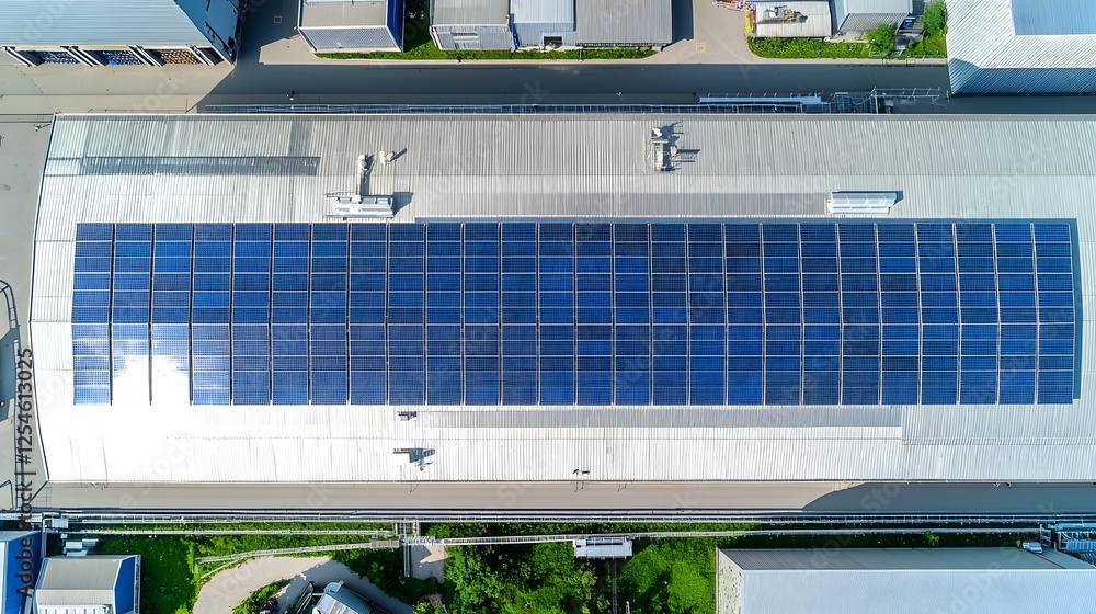Poster aerial top down view of a large industrial warehouse with a vast array of solar photovoltaic panels 