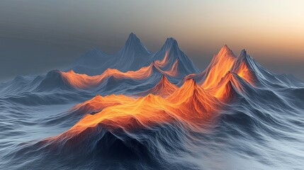 Dark abstract mountains with orange grid-like waves, 3D rendering digital