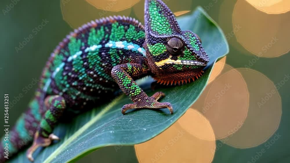 Poster chameleon on a leaf with colorful bokeh background, close-up view. nature and wildlife photography c