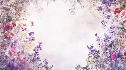 Obraz premium watercolor floral frame with purple and pink flowers on a white background for wedding invitation design or greeting card