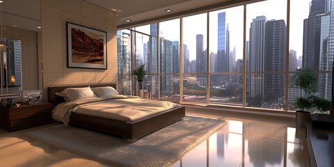 Fototapeta premium bedroom with light walls and floor-to-ceiling windows