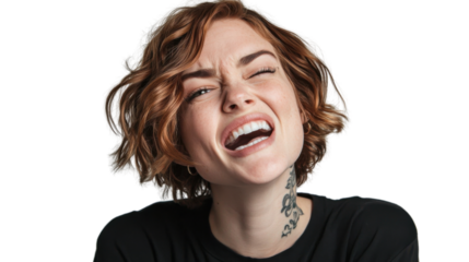 Young redhead woman winking and laughing with transparent background