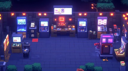 Pixel art night scene of a street arcade, glowing pixelated vending machines and game consoles, low level light, city street background
