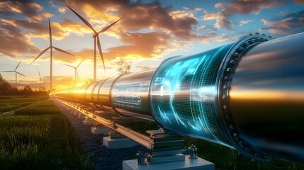 A high tech gas pipeline equipped with smart sensors and digital monitoring systems extending through a beautiful green environment  Wind turbines in the distance generate additional renewable energy