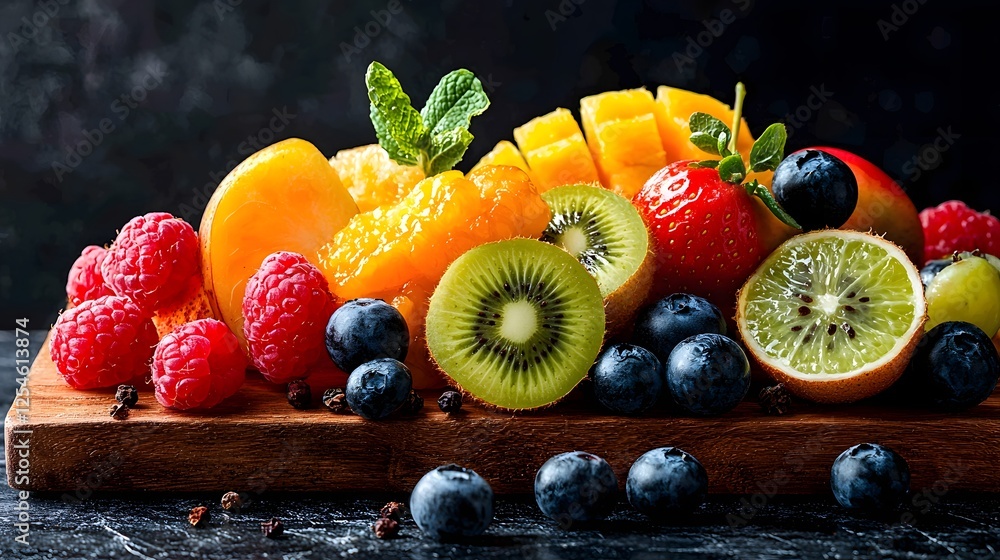 Poster visually stunning arrangement of an assortment of fresh ripe and vibrant fruits including citrus ber