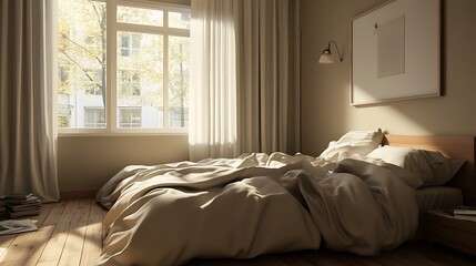 bedroom with soft bedding and wooden floor 