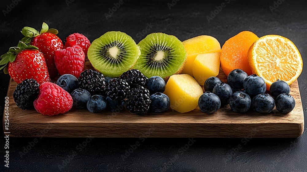 Poster visually appealing arrangement of a variety of fresh vibrant and colorful fruits including strawberr