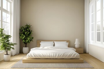 minimalist bedroom with clean lines and soft bed frame