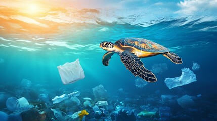 Fototapeta premium Sea Turtle Struggles Amid Ocean Pollution – The Impact of Plastic Waste on Marine Life