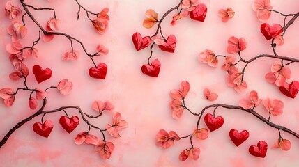 Whimsical Pink Backdrop with Scattered Glossy Red Hearts and Delicate Blossoms for Romantic Themes