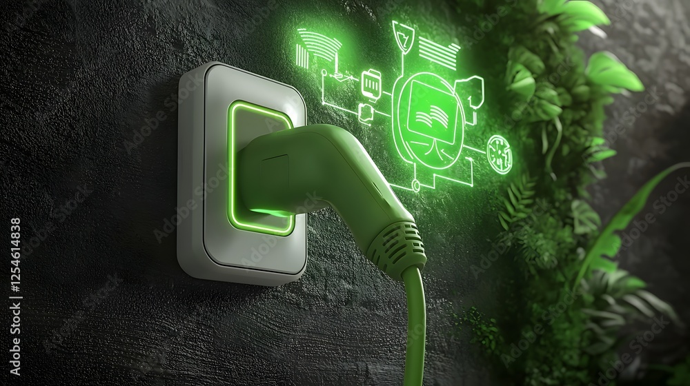 Aufkleber a modern eco technology scene displaying a green power plug connected to a white electrical socket o