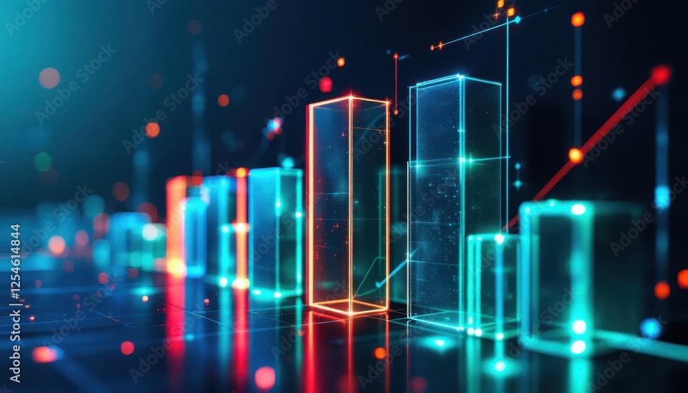 Poster futuristic neon data visualization with illuminated graph bars in abstract digital space